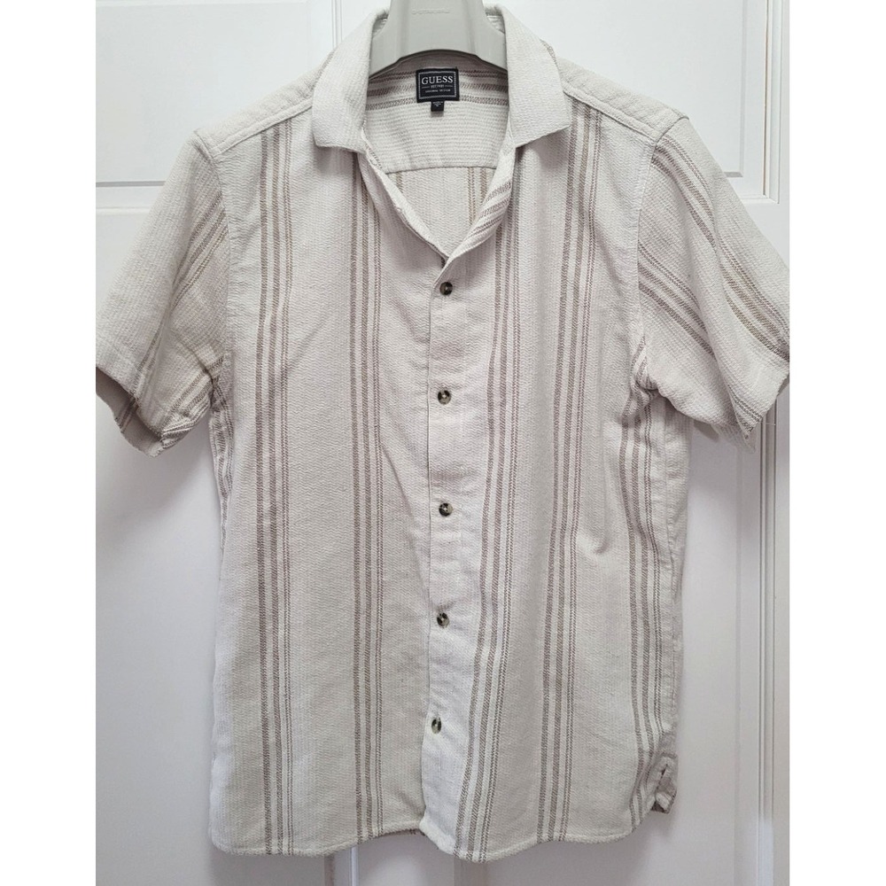 Guess Men's 100% Viscose Textured Striped Short Sleeve Beach Shirt - Ivory - M